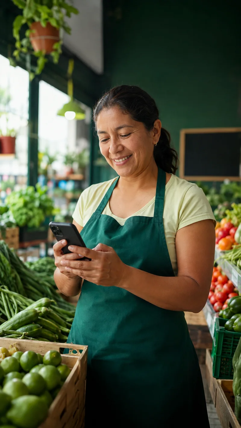 Comerciante usando su celular junto a su puesto