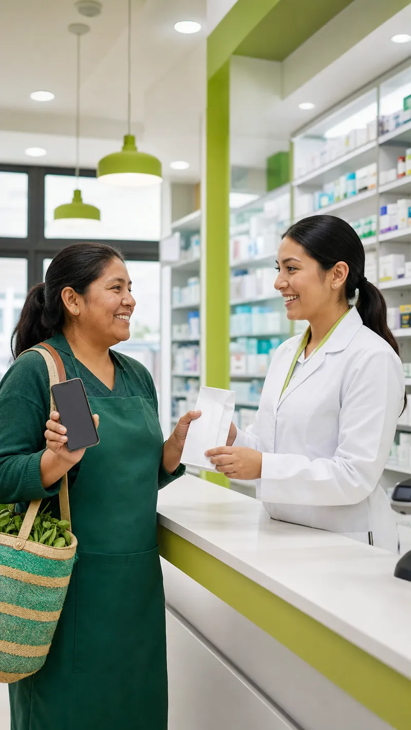 Comerciante consultando opciones en una farmacia