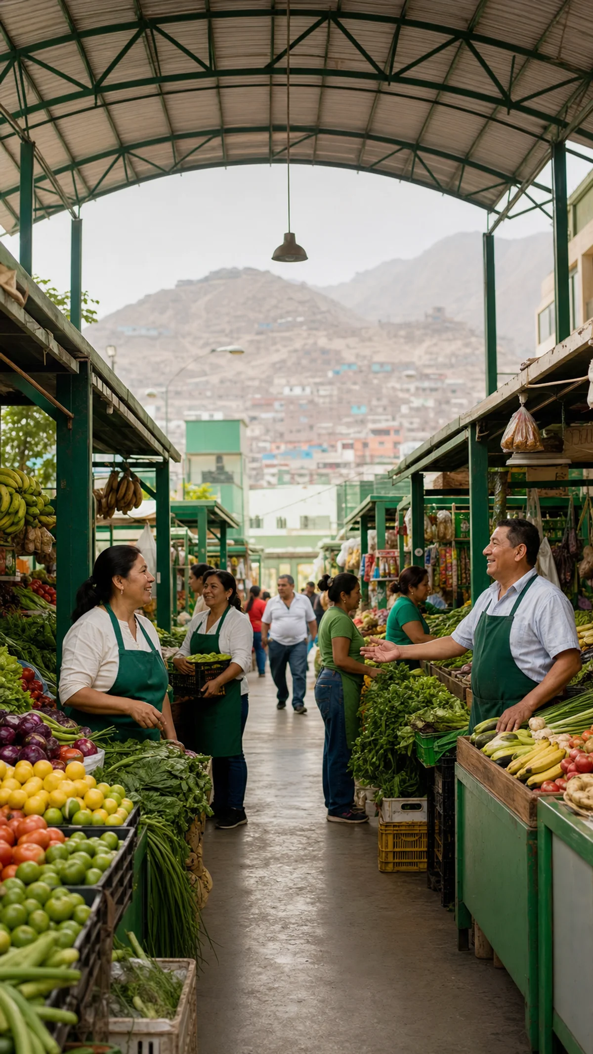 Comerciantes compartiendo en un mercado de abastos peruano