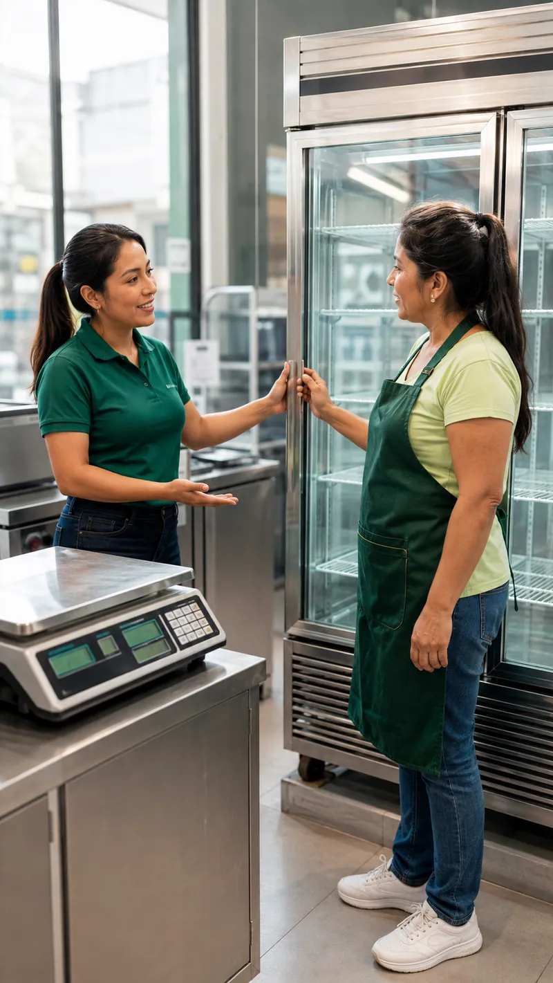 Comerciante conociendo equipamiento para su negocio