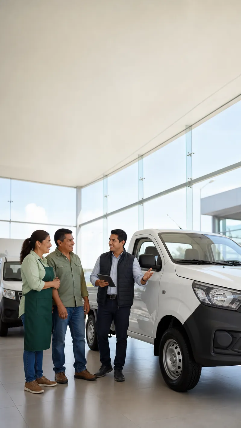 Comerciante conociendo un vehículo comercial